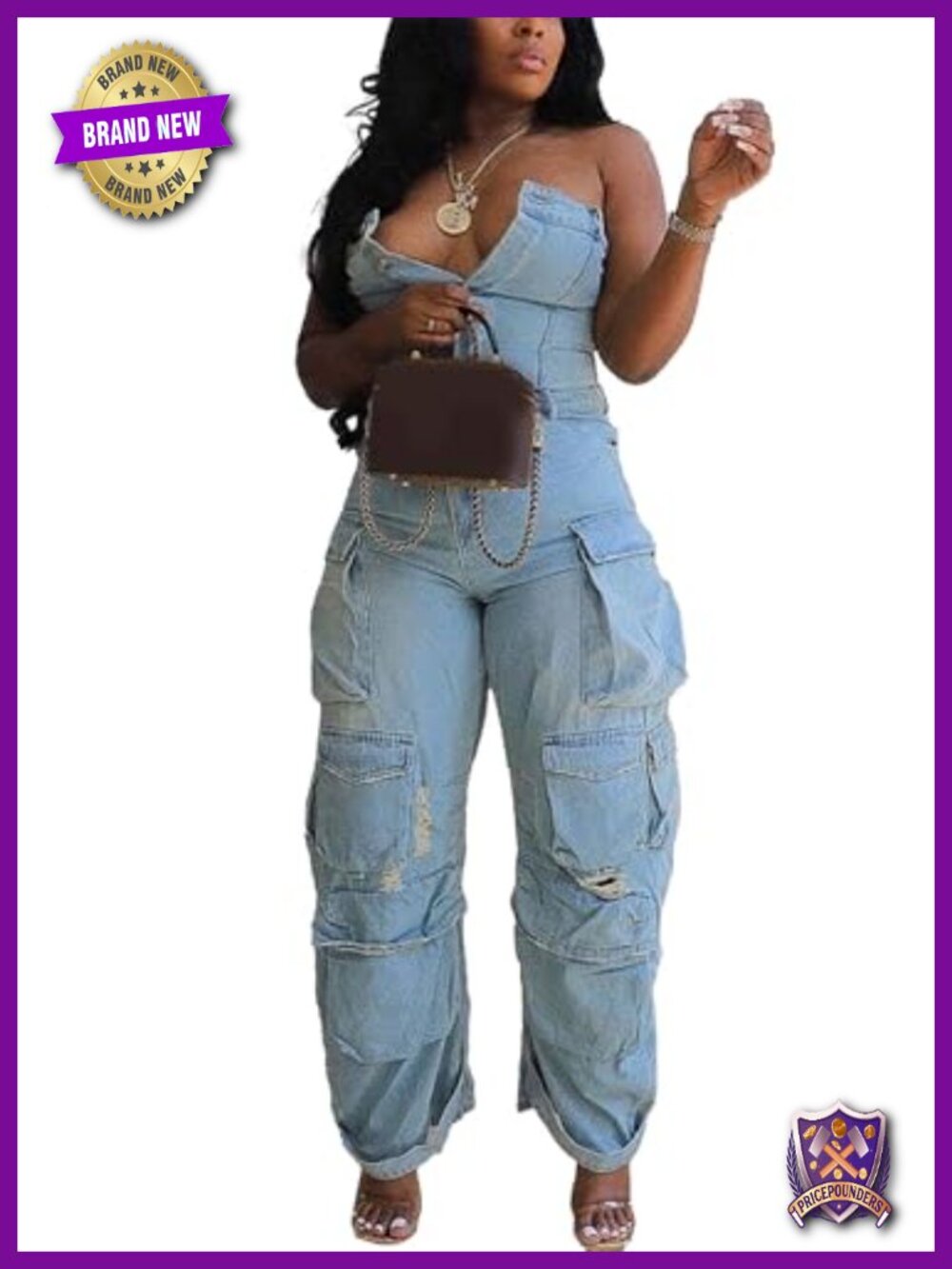 Women's Cargo Denim Jumpsuit Strapless Baggy Y2K Overalls Multi Pocket